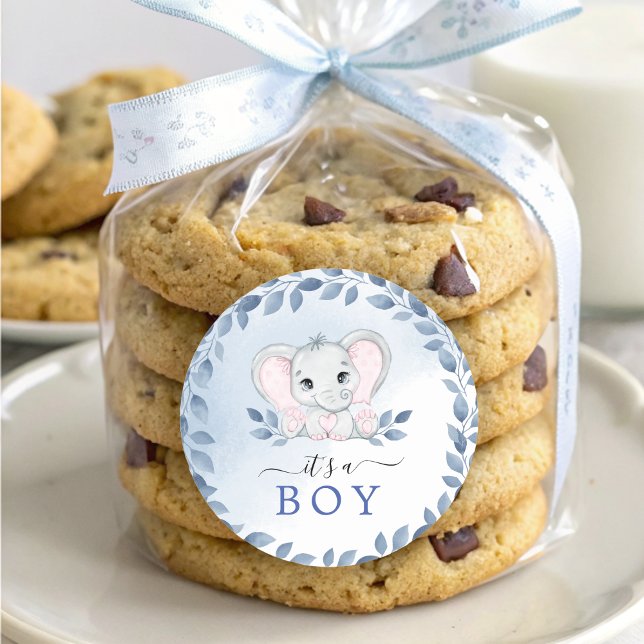 Adesivo Redondo Elefante com Anêmonas Azuis É um Chá de fraldas (Elephant With Blue Anemones It's A Boy Baby Shower Classic Round Sticker)