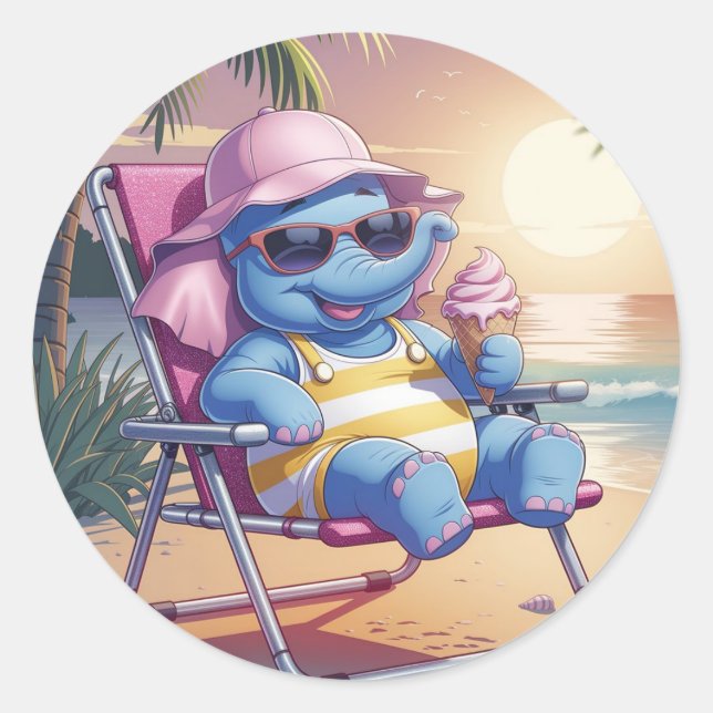 Adesivo Redondo Elefante comendo sorvete de verão (Frente)
