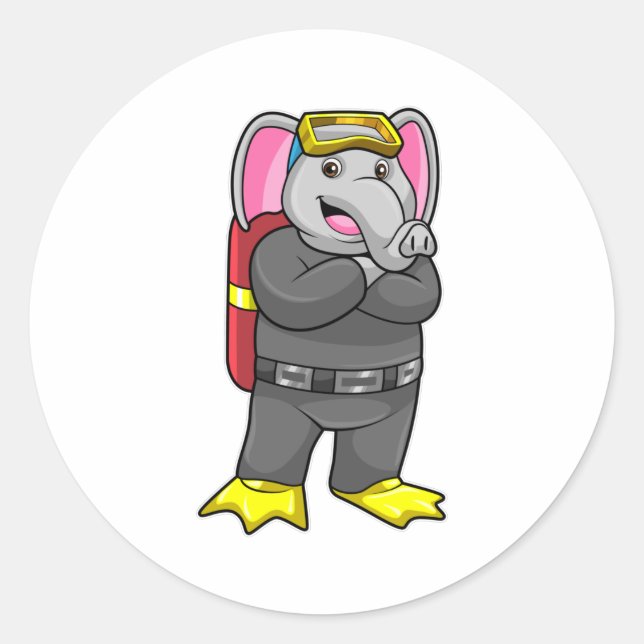 Adesivo Redondo Elefante como mergulhador com óculos de mergulho (Frente)