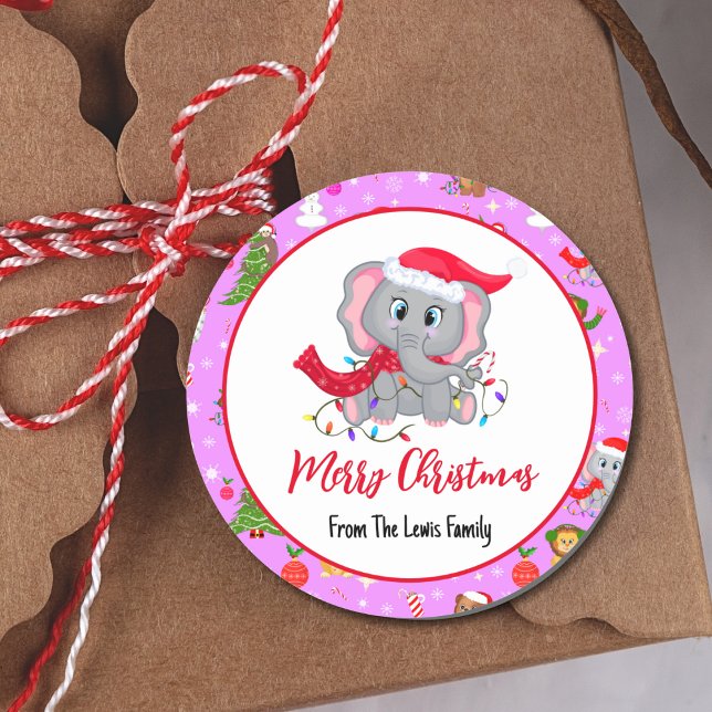 Adesivo Redondo Elefante De Bebê Bonito Com Animais De Zoo Rosa (Criador carregado)