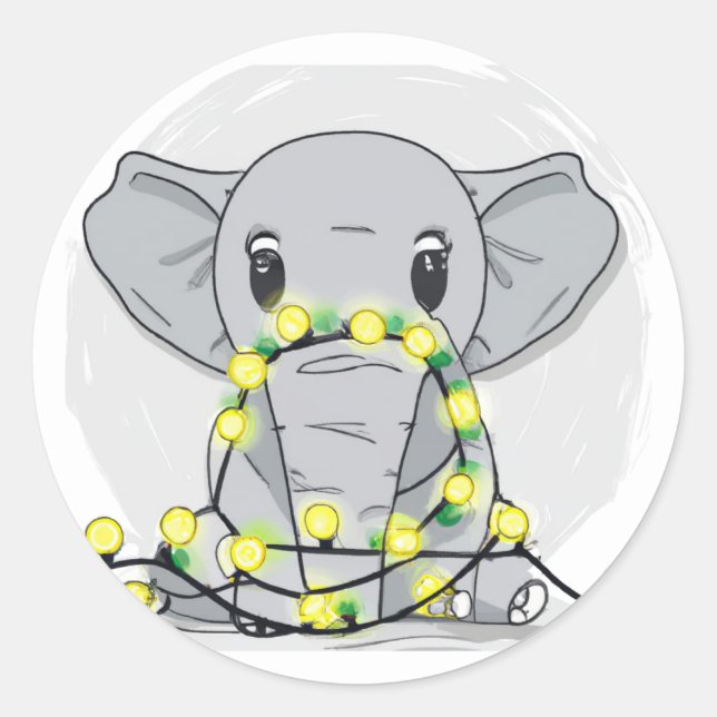 Adesivo Redondo Elefante de natal bonito embrulhado em luzes (Frente)