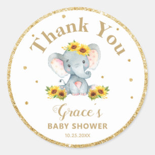 Adesivo Redondo Elefante Girassol Obrigado Favorece Dourado Brilho