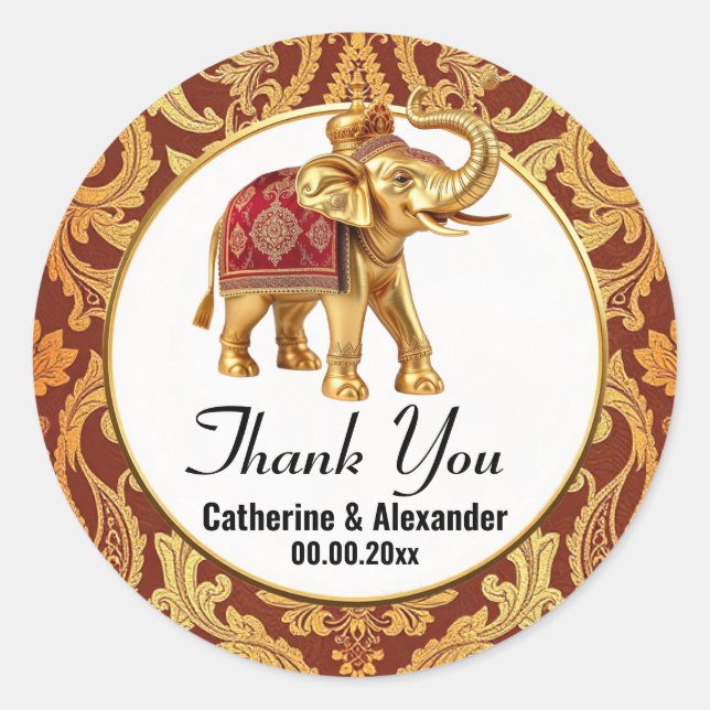 Adesivo Redondo Elefante indiano burgundy gold obrigado luxuoso (Frente)