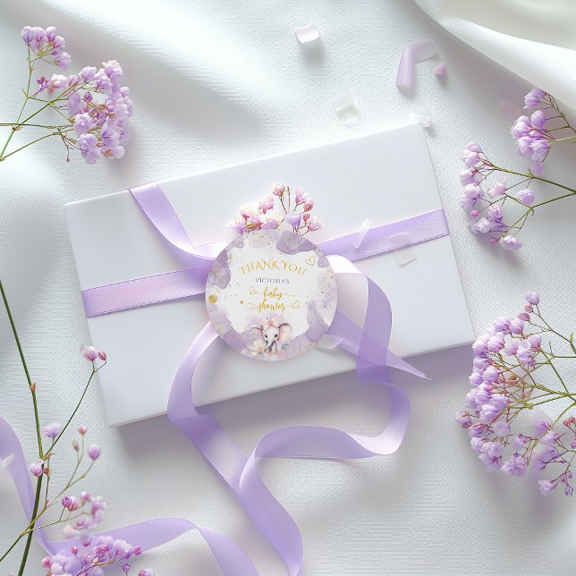 Adesivo Redondo Elefante Lilac Floral Cute Obrigado Chá de fraldas (Criador carregado)