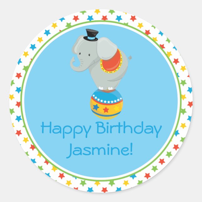 Adesivo Redondo Elefante na Bola | Tema de circo | Personalizado (Frente)