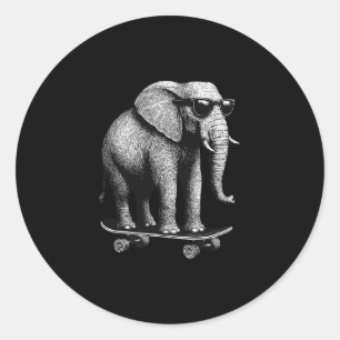 Adesivo Redondo Elefante Skateboarder Com Óculos de Sol Animal Ska