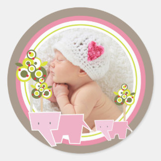 Adesivo Redondo Elefantes Rosa Família Divertida Menina Bebê Foto