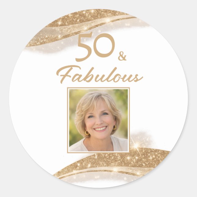 Adesivo Redondo Elegant 50 & Fabulous Gold Photo Birthday  (Frente)