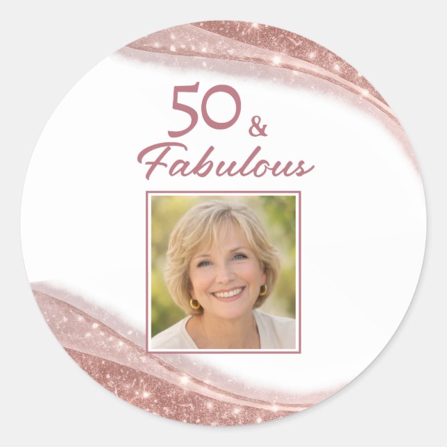 Adesivo Redondo Elegant 50 & Fabulous Rose Gold Photo Birthday  (Frente)