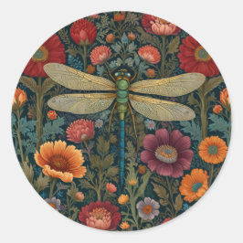 Adesivo Redondo Elegant art nouveau Autumn floral Dragonfly