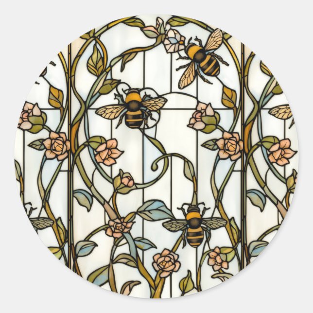 Adesivo Redondo Elegant art nouveau botanical  bee stain glass (Frente)