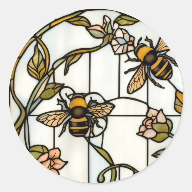 Adesivo Redondo Elegant art nouveau botanical  bee stain glass (Frente)