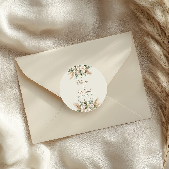 Adesivo Redondo Elegant Beige Pampas Grass Wedding Sticker (Elegant Beige Pampas Grass Wedding Sticker on an elegant envelope)