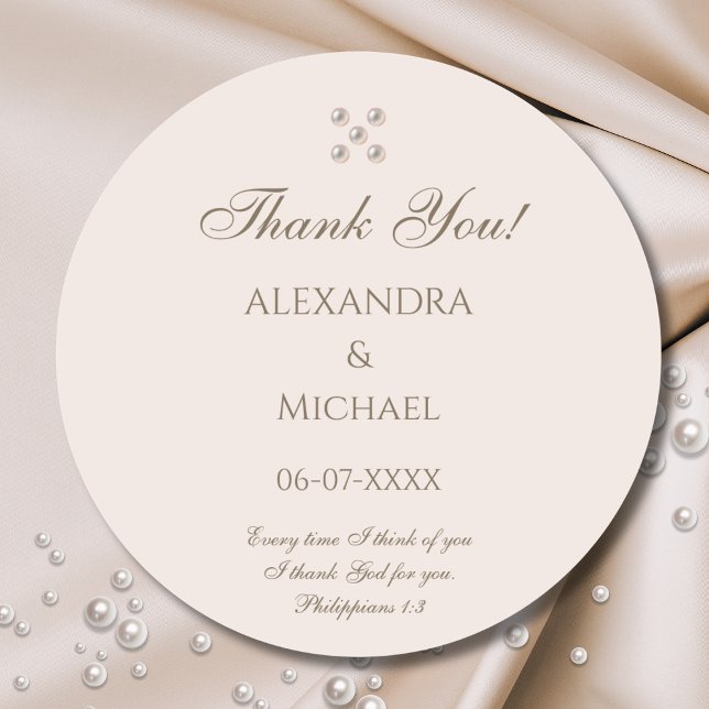 Adesivo Redondo Elegant Beige Pearl Christian Wedding Thank You (Criador carregado)