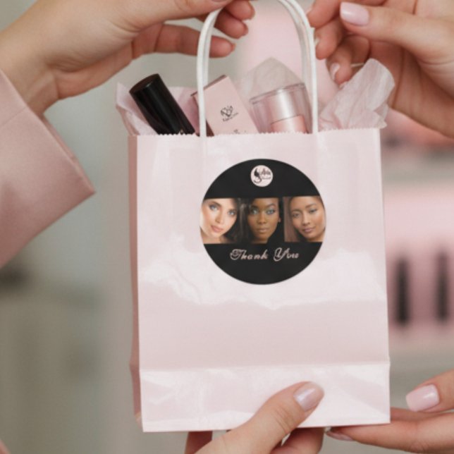 Adesivo Redondo Elegant Black 3 Photo Makeup Business Thank You (Criador carregado)