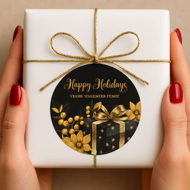 Adesivo Redondo Elegant Black and Gold Happy Holidays Sticker (Criador carregado)