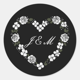 Adesivo Redondo Elegant Black and White Floral Heart Wedding 