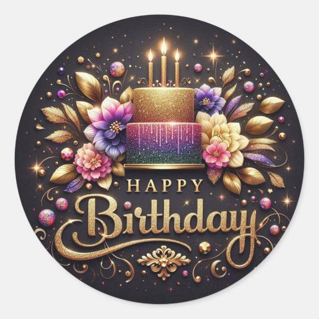 Adesivo Redondo Elegant black birthday sticker  (Frente)