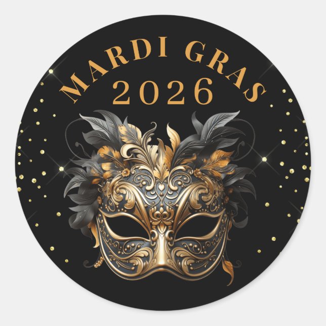 Adesivo Redondo Elegant Black Gold Glitter Mardi Gras 2026 (Frente)