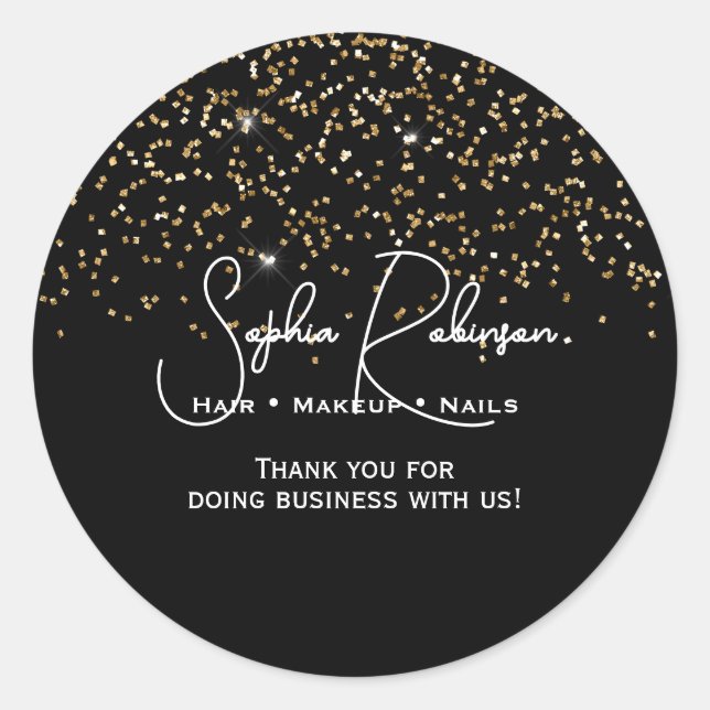 Adesivo Redondo Elegant Black & Gold Glitter Thank You Sticker (Frente)