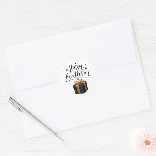 Adesivo Redondo Elegant Black & Gold Happy Birthday (Envelope)