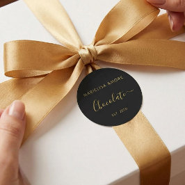 Adesivo Redondo Elegant Black Gold Script Chocolatier Qr Code