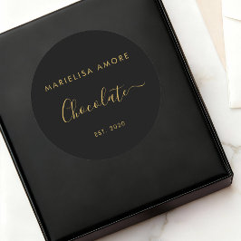 Adesivo Redondo Elegant Black Gold Script Chocolatier Qr Code