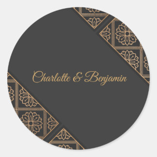 Adesivo Redondo Elegant Black Gold Wedding Favor Sticker