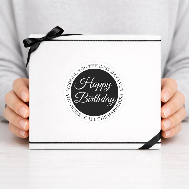 Adesivo Redondo Elegant Black “Happy Birthday” Sticker (Criador carregado)