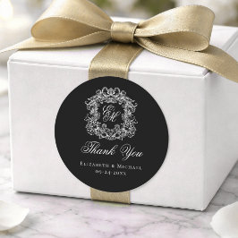 Adesivo Redondo Elegant Black Monogram Wedding Crest Thank You