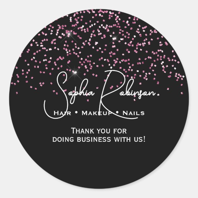 Adesivo Redondo Elegant Black & Pink Glitter Thank You Sticker (Frente)