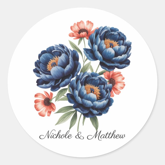 Adesivo Redondo Elegant Blue and Burnt Orange Floral Wedding (Frente)