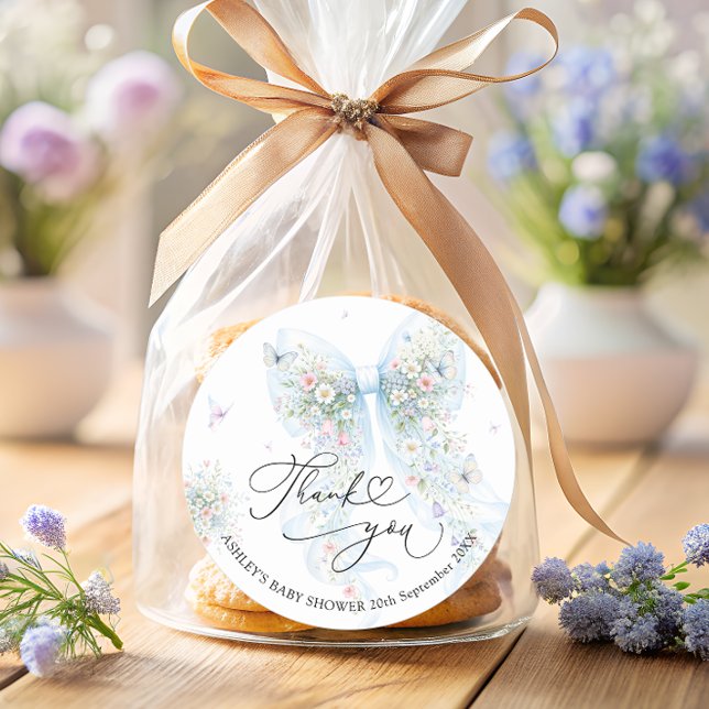 Adesivo Redondo Elegant Blue Bow Baby Shower Thank You  (Criador carregado)