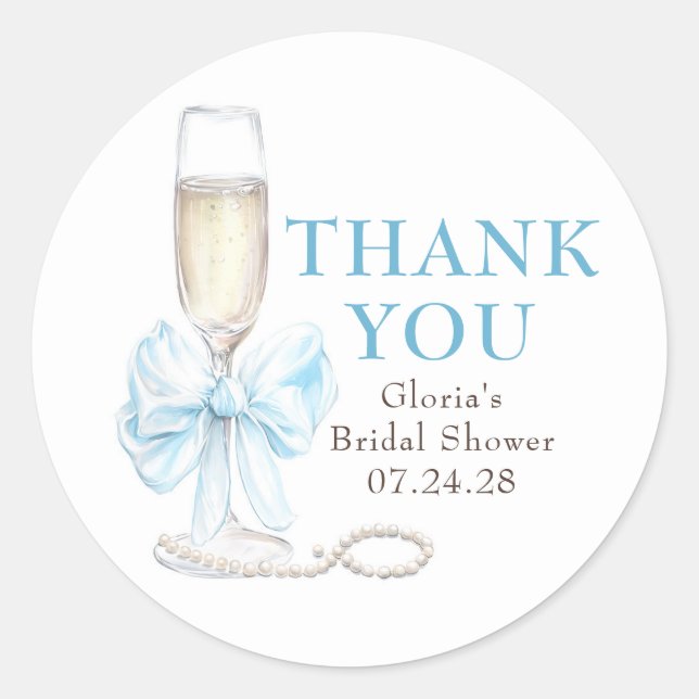 Adesivo Redondo Elegant Blue Bow Prosecco Bridal Shower Thank You (Frente)