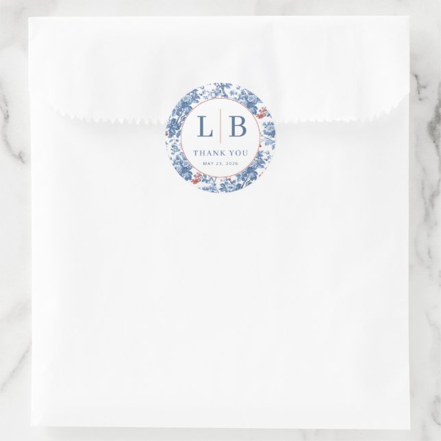 Adesivo Redondo Elegant Blue Floral Initials (Bolsa)