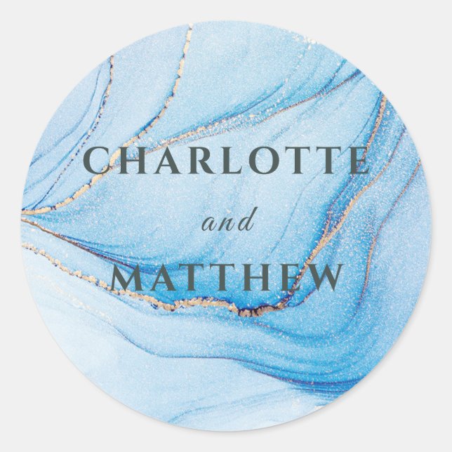 Adesivo Redondo Elegant Blue & Gold Wedding Invitation  (Frente)