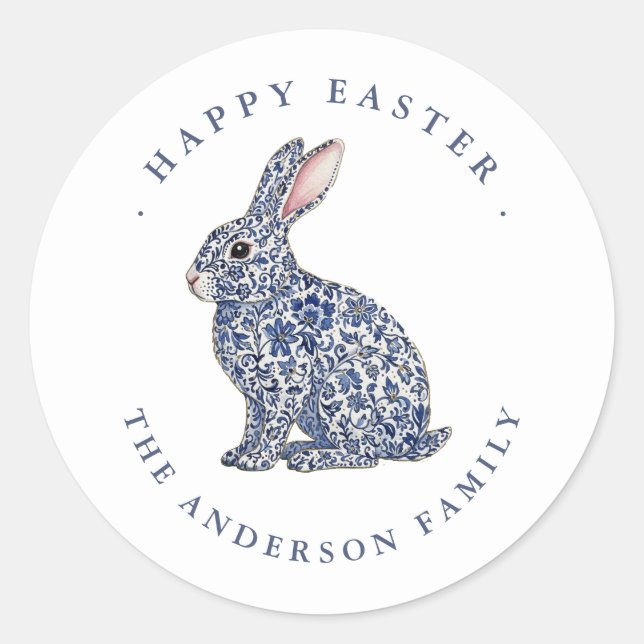 Adesivo Redondo Elegant Blue & White Bunny Happy Easter Label  (Frente)