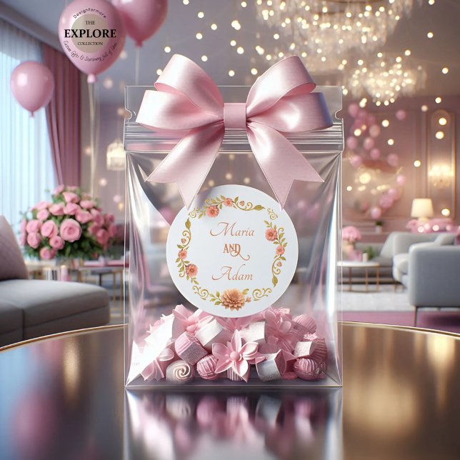 Adesivo Redondo Elegant Blush Dahlias Golden Script Wedding (Criador carregado)