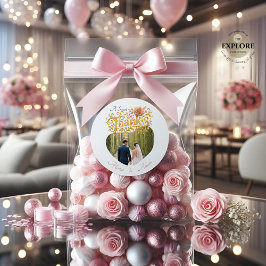 Adesivo Redondo Elegant Blush Dahlias Golden Script Wedding Photo