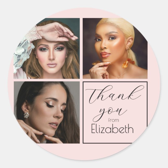 Adesivo Redondo Elegant Blush Pink Black Script 3 Photo Makeup  (Frente)