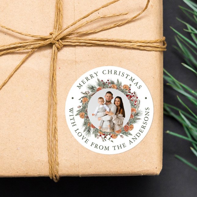 Adesivo Redondo Elegant Botanical Citrus Wreath Photo Christmas (Criador carregado)