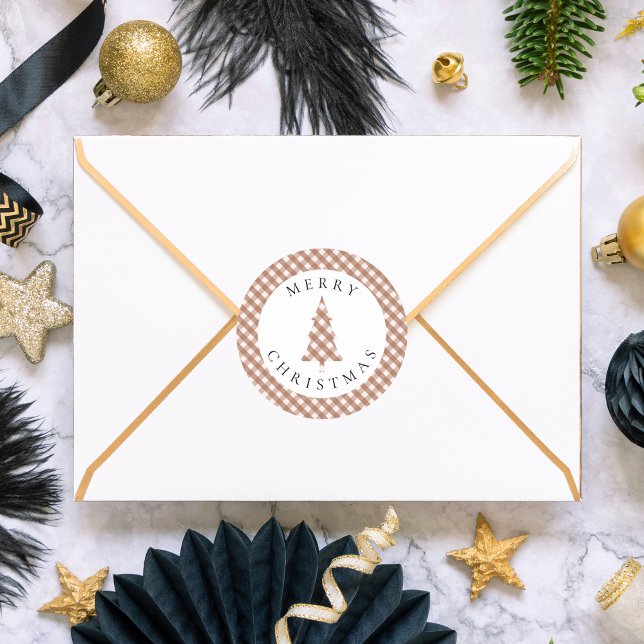 Adesivo Redondo Elegant Brown Gingham Plaid Pine Merry Christmas (Criador carregado)