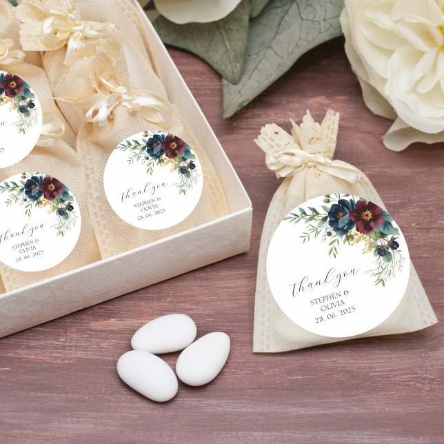 Adesivo Redondo Elegant Burgundy Floral Blooms & Greenery wedding (Criador carregado)