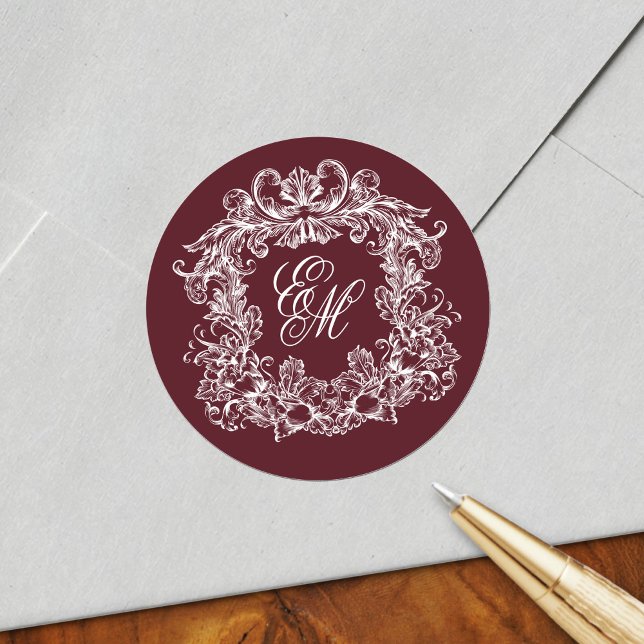 Adesivo Redondo Elegant Burgundy Vintage Monogram Crest Wedding (Criador carregado)