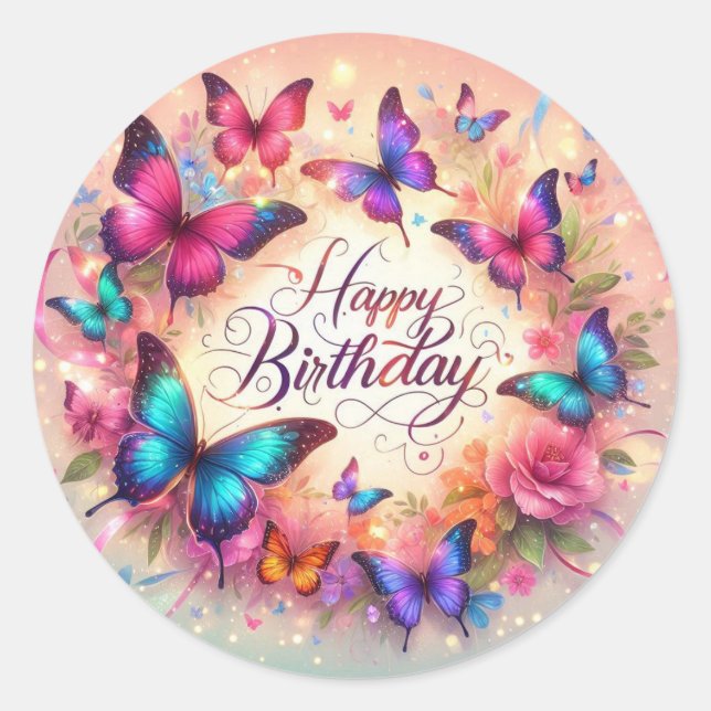 Adesivo Redondo Elegant butterfly birthday sticker  (Frente)