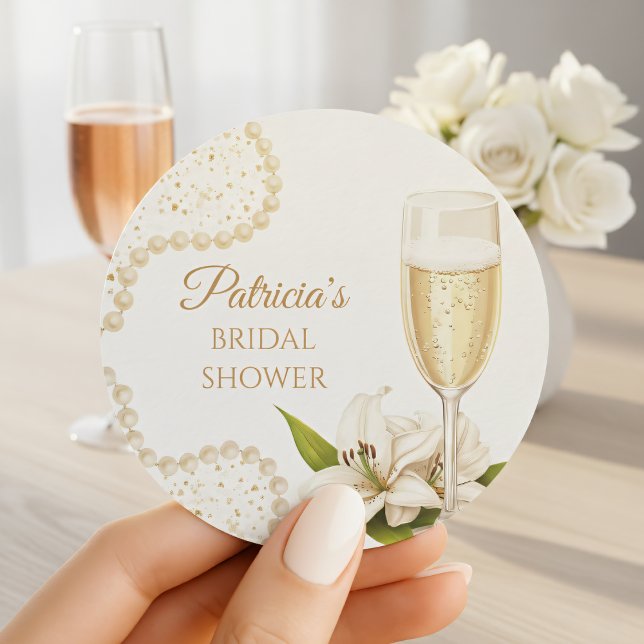Adesivo Redondo Elegant Champagne Pearls & Prosecco Bridal Shower (Criador carregado)