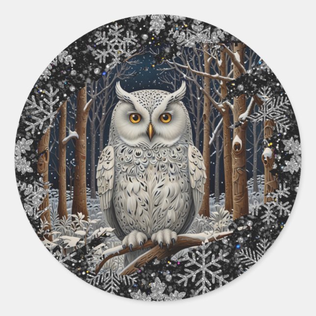 Adesivo Redondo Elegant Christmas white owl woodland winter forest (Frente)