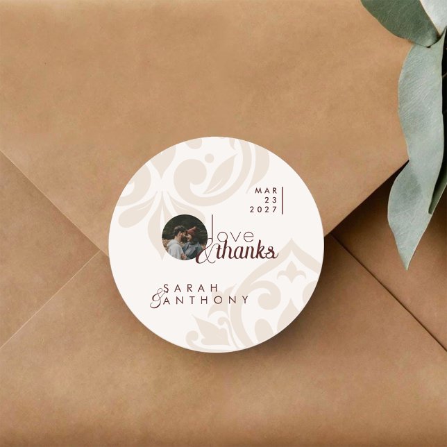 Adesivo Redondo Elegant Classic Chic Burgundy Cream Photo Wedding (Criador carregado)