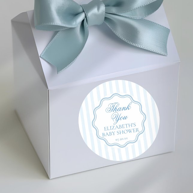 Adesivo Redondo Elegant Coastal Blue Stripe Wavy Script Thank You (Criador carregado)