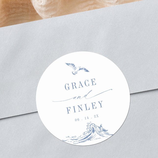 Adesivo Redondo Elegant Coastal Chic Blue Seaside Wedding (Criador carregado)